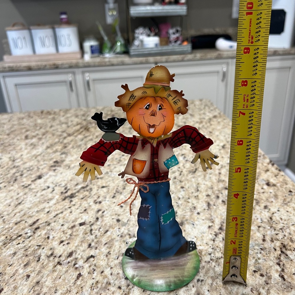 Metal Scarecrow Figurine Fall Harvest Thanksgiving Decor Pumpkin Head Crow 8" - Picture 2 of 4
